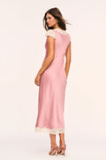 Pink satin midi dress with cream lace cap sleeves and V-neck, straight hem