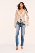 Cream pearl-embroidered mesh top with deep V neck and long bell sleeves