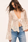 Pearl-embroidered mesh top with deep V neckline, long bell sleeves, cream