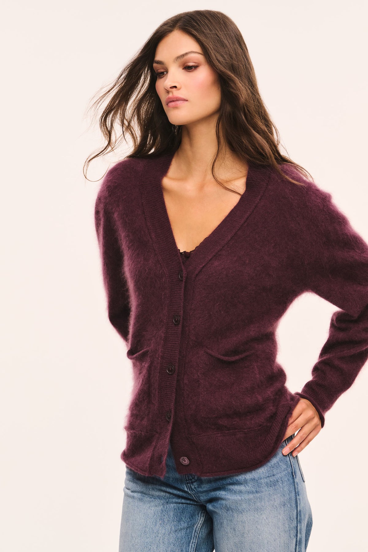 Merlot fuzzy cardigan with V-neck, button front, and front patch pockets