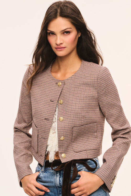 Brown and beige cropped checkered jacket front view: gold-tone button front with top button done, and patch pockets