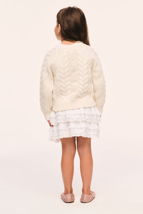 Girls' cream cable-knit pullover back view with long sleeves and crew neckline