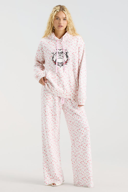 Cream floral-print sweatpants with drawstring hoodless lounge style and wide legs