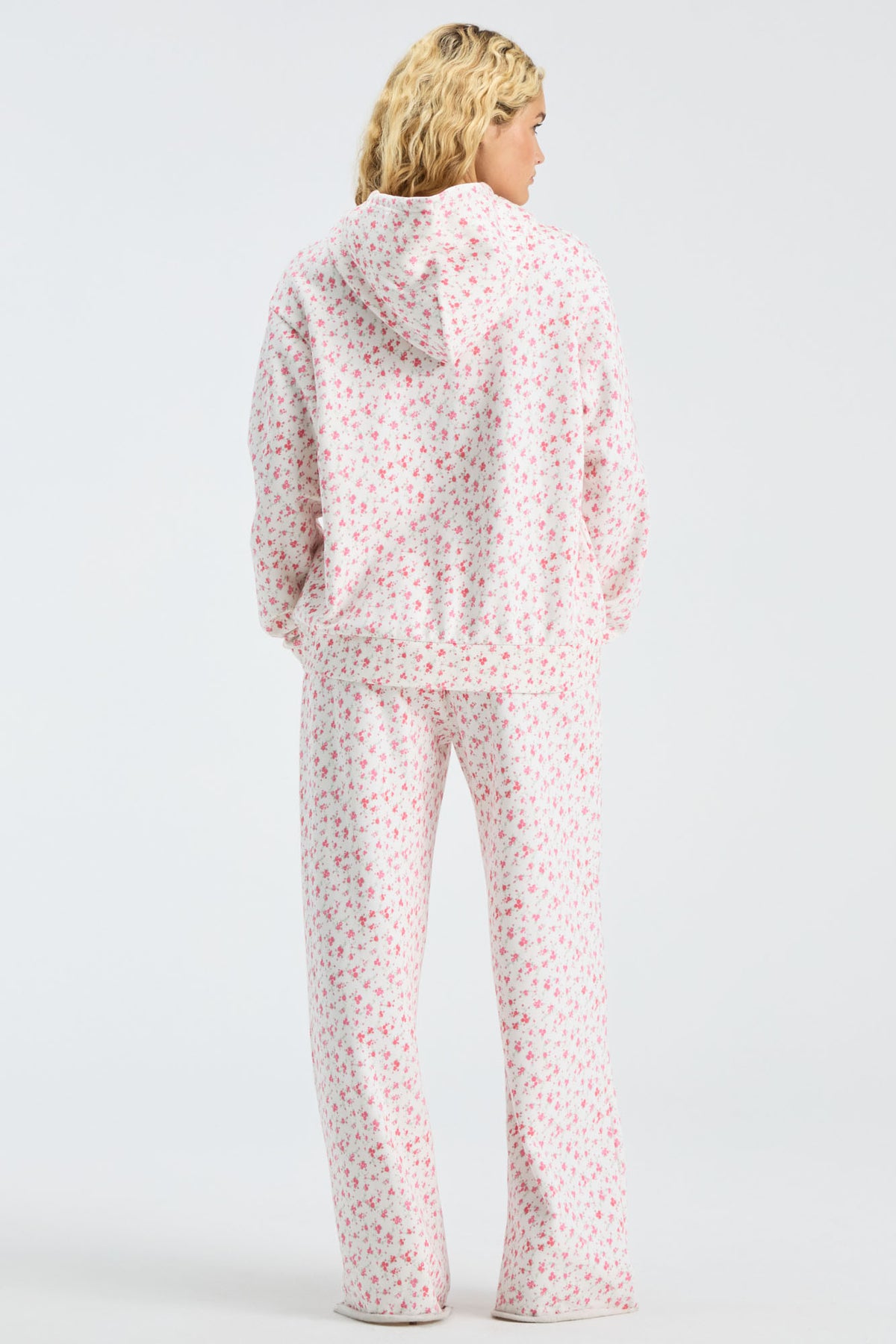 Pink floral-print hoodie with hood and long sleeves, back view