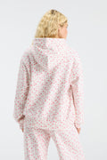 Pink floral pullover hoodie from back with hood and full-length sleeves