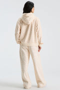Beige floral pullover hoodie back view with hood and long sleeves