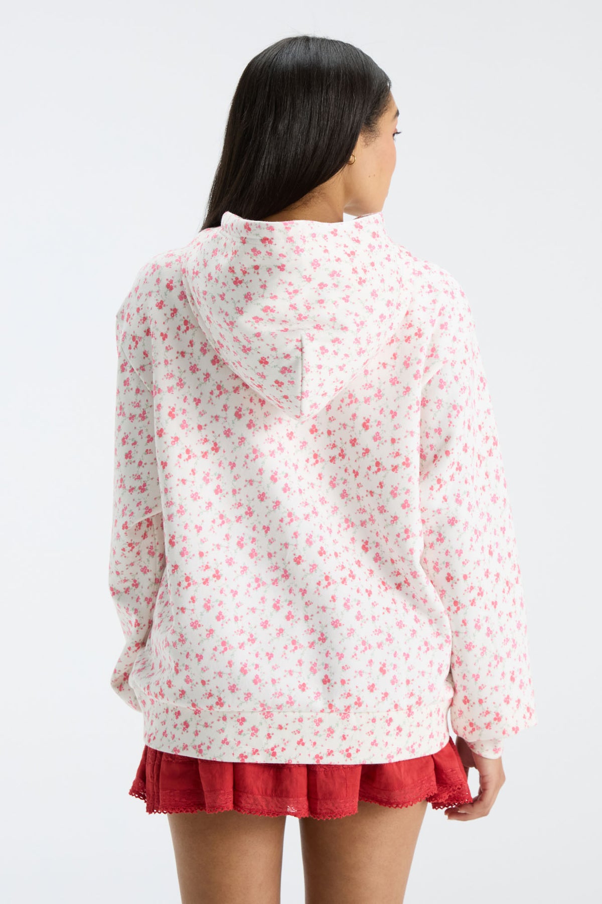 Pink patterned Nacova hoodie back view with drawstring hood and kangaroo pocket.