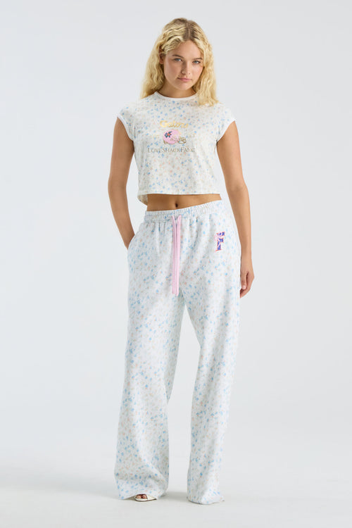 Ilyra sweatpants, light blue speckle print with elastic waistband and pink drawstring
