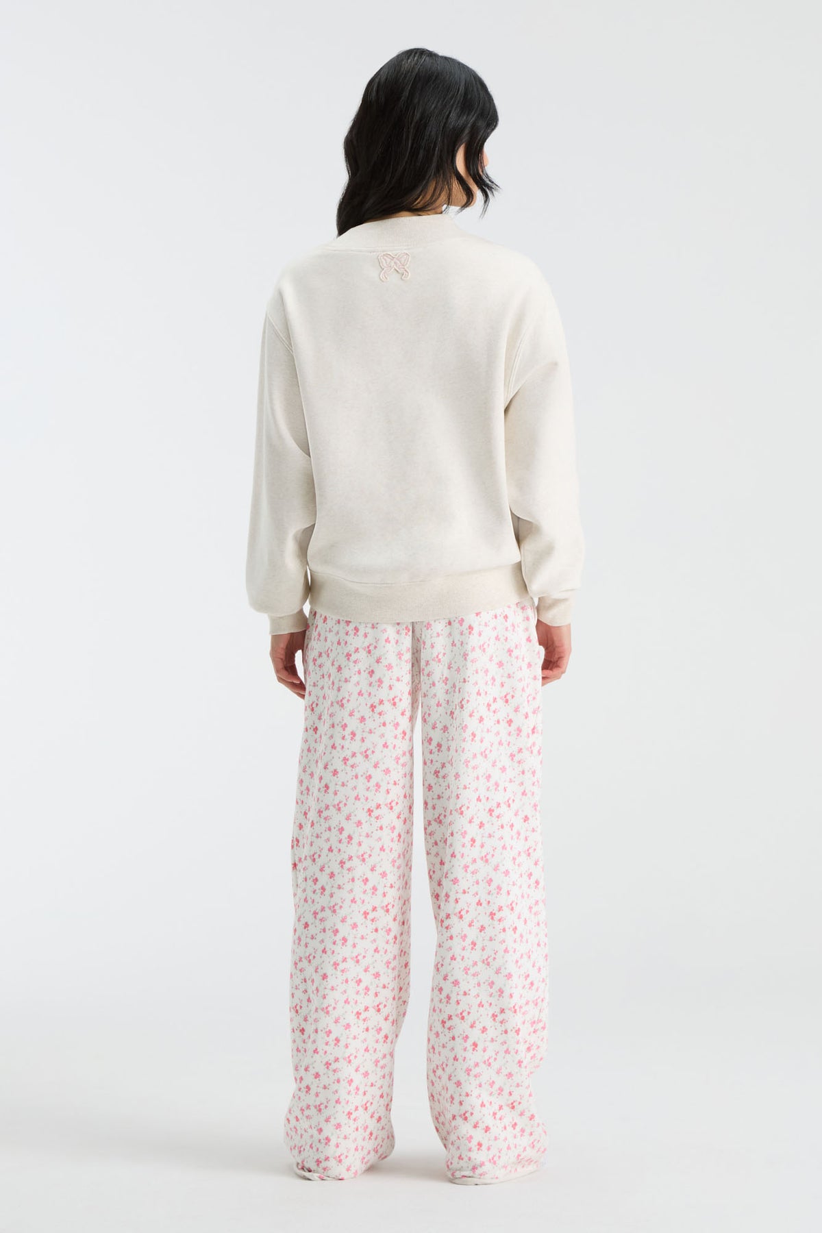 Cream mockneck crew sweatshirt with small back logo, long sleeves