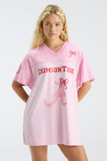 Pink varsity jersey dress with Crimson Tide and Alabama A graphic front