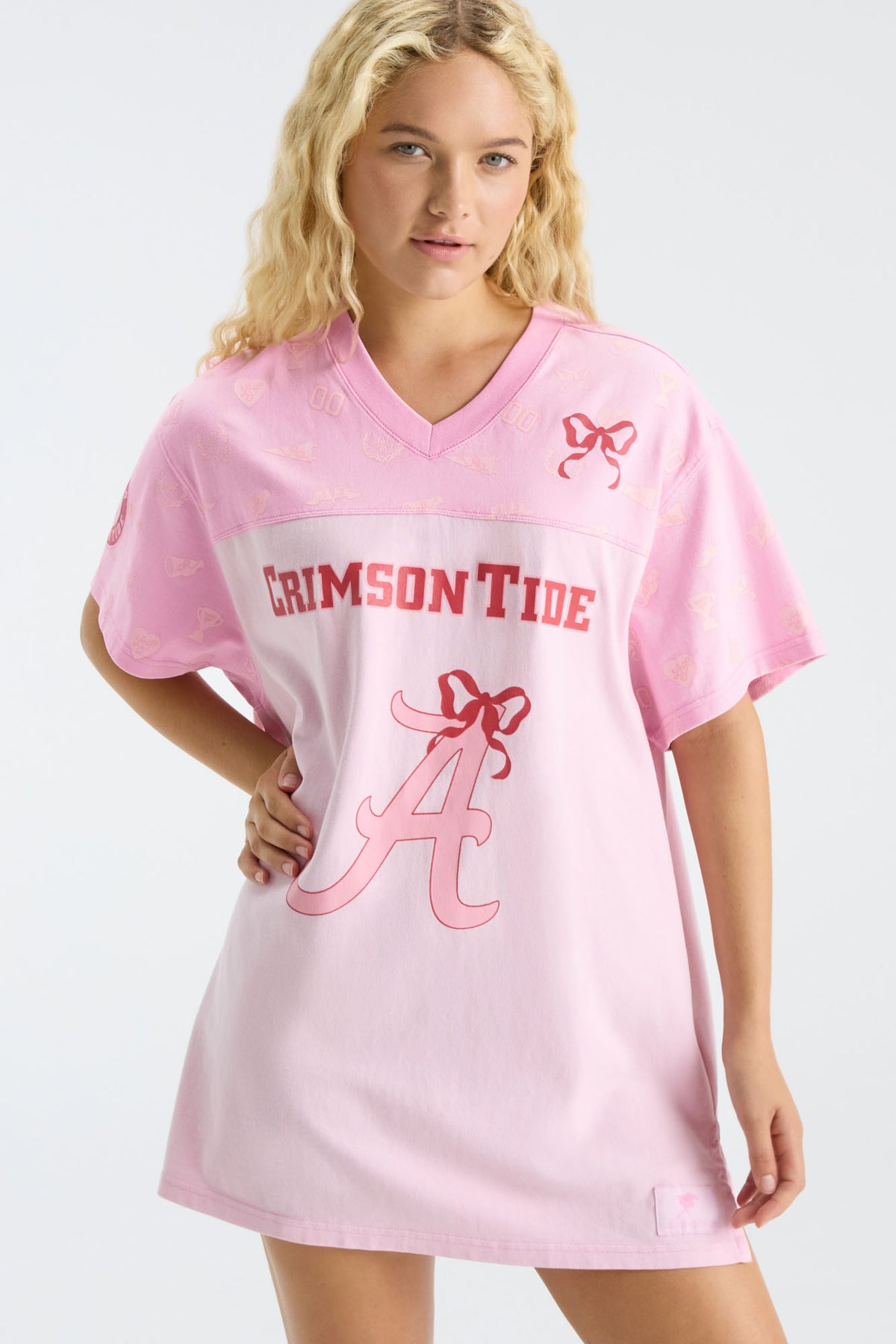 Pink V-neck jersey dress with Crimson Tide text and bow with A logo