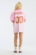 Pink jersey varsity crush dress with back LOVESHACK and 00 graphic, full body view