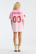 Pink varsity jersey dress back with LoveShack text and '00' print