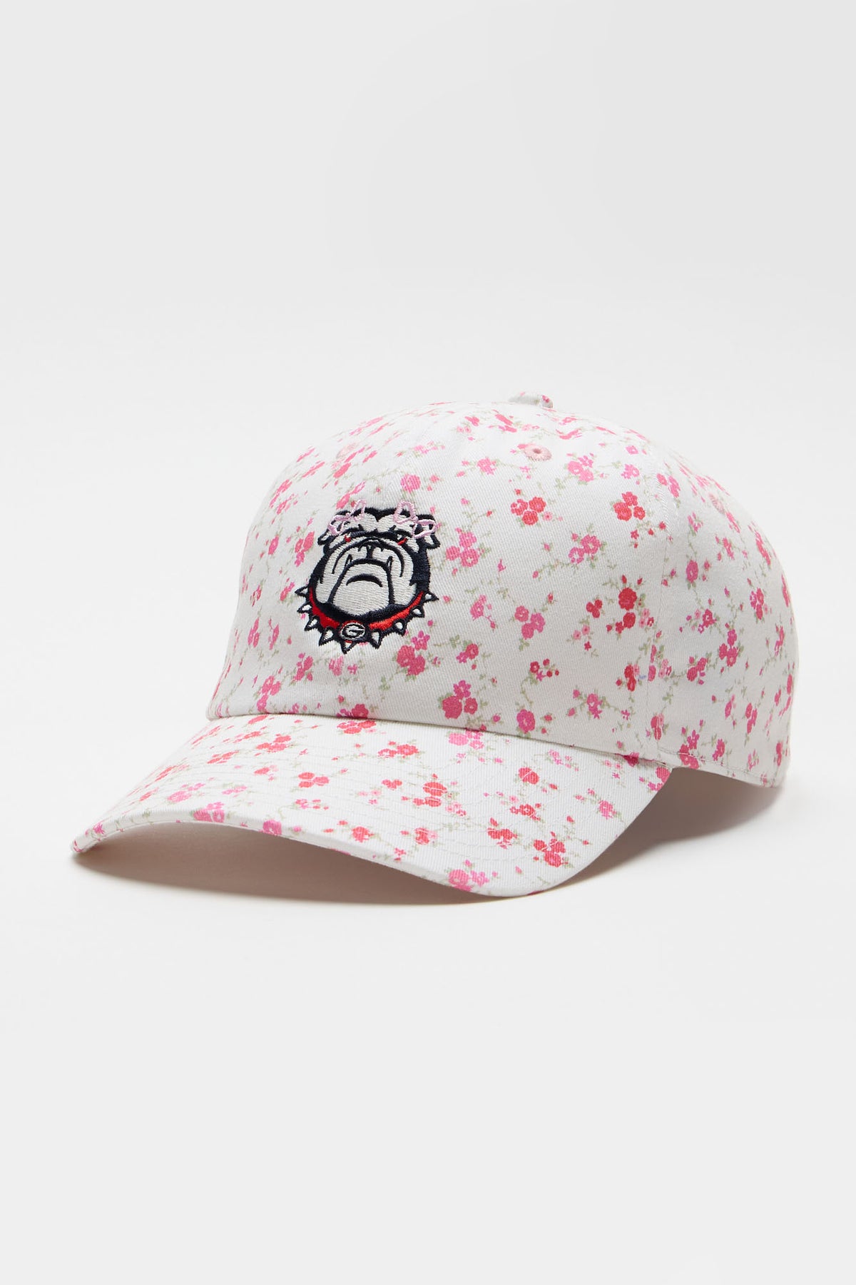 White floral baseball cap with black mascot logo