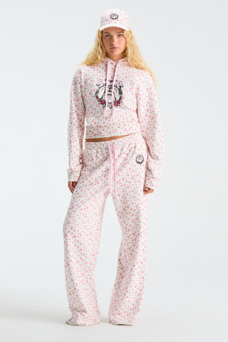 Ilyra sweatpants, pink speckle print with elastic drawstring waist and wide legs
