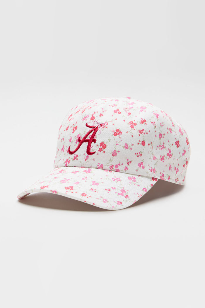 White floral baseball cap with red "A" logo