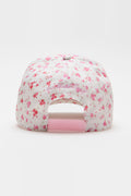 Pink baseball cap with small scattered floral pattern and open mesh back panel