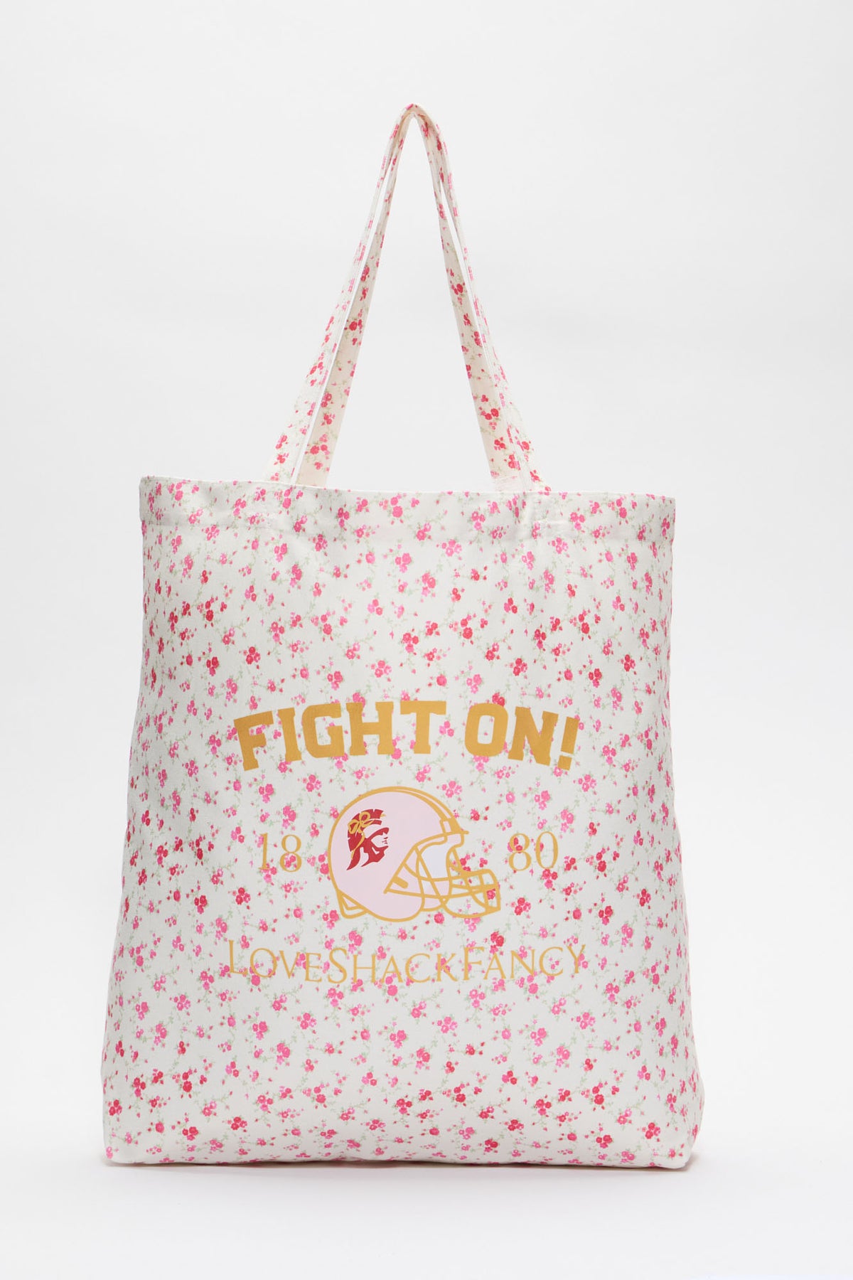 Pink floral tote bag with “FIGHT ON” printed game-day logo text