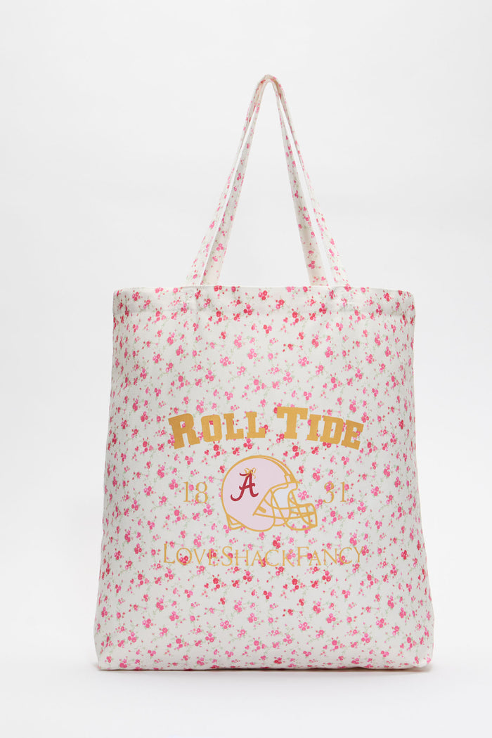 Pink floral tote bag with “ROLL TIDE” printed logo graphic