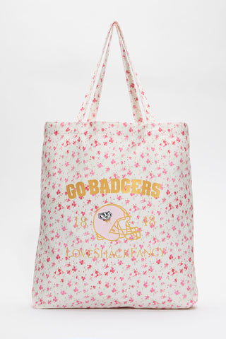 White tote bag with pink floral sprinkles and Go Rangers lettering, long handles