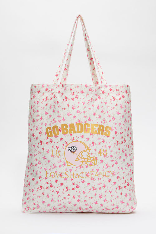 White tote bag with pink floral sprinkles and Go Rangers lettering, long handles