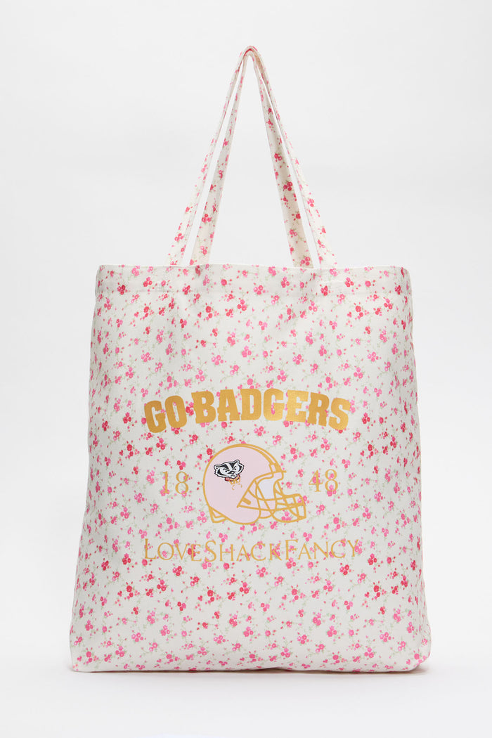 White tote bag with pink floral sprinkles and Go Rangers lettering, long handles