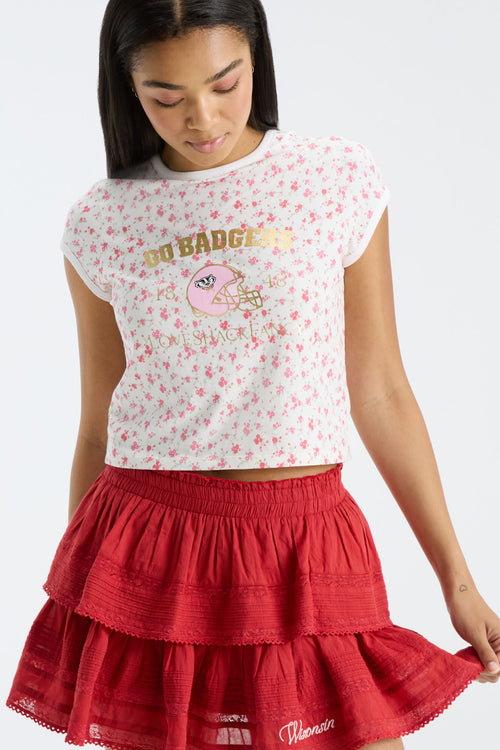 Ruffle mini skirt in dark red with layered tiers and elastic waistband