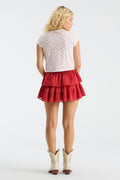 Pink floral ringer tee, back view with crew neck and short sleeves