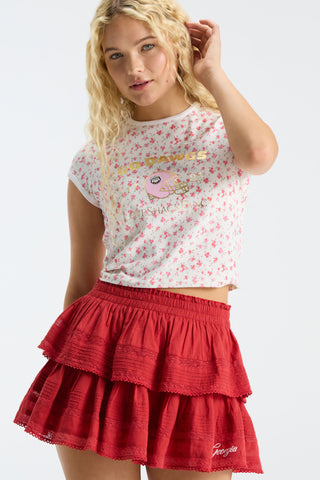 Deep red tiered ruffle mini skirt with elastic waistband and lace-trim tiers
