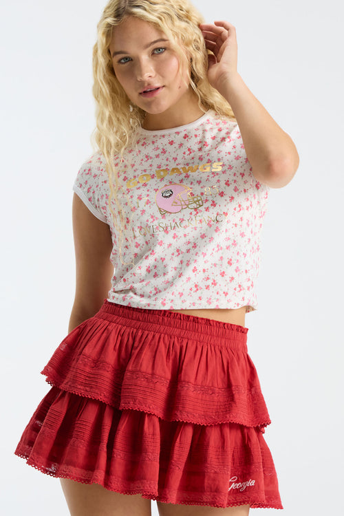 Deep red tiered ruffle mini skirt with elastic waistband and lace-trim tiers
