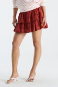 Red ruffle mini skirt with tiered layers and scalloped lace trim