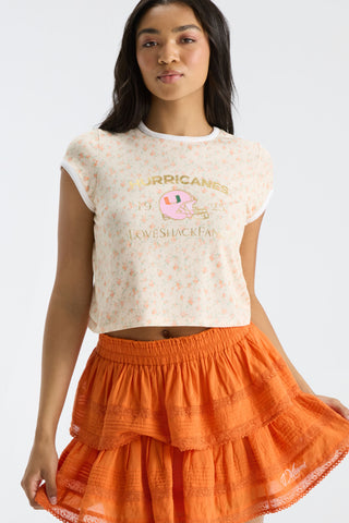 Tiered ruffle mini skirt in bright orange with elastic waistband