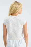 Light blue speckled ringer tee, back view with short sleeves