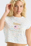Light blue speckled ringer tee close-up with gold Gators logo