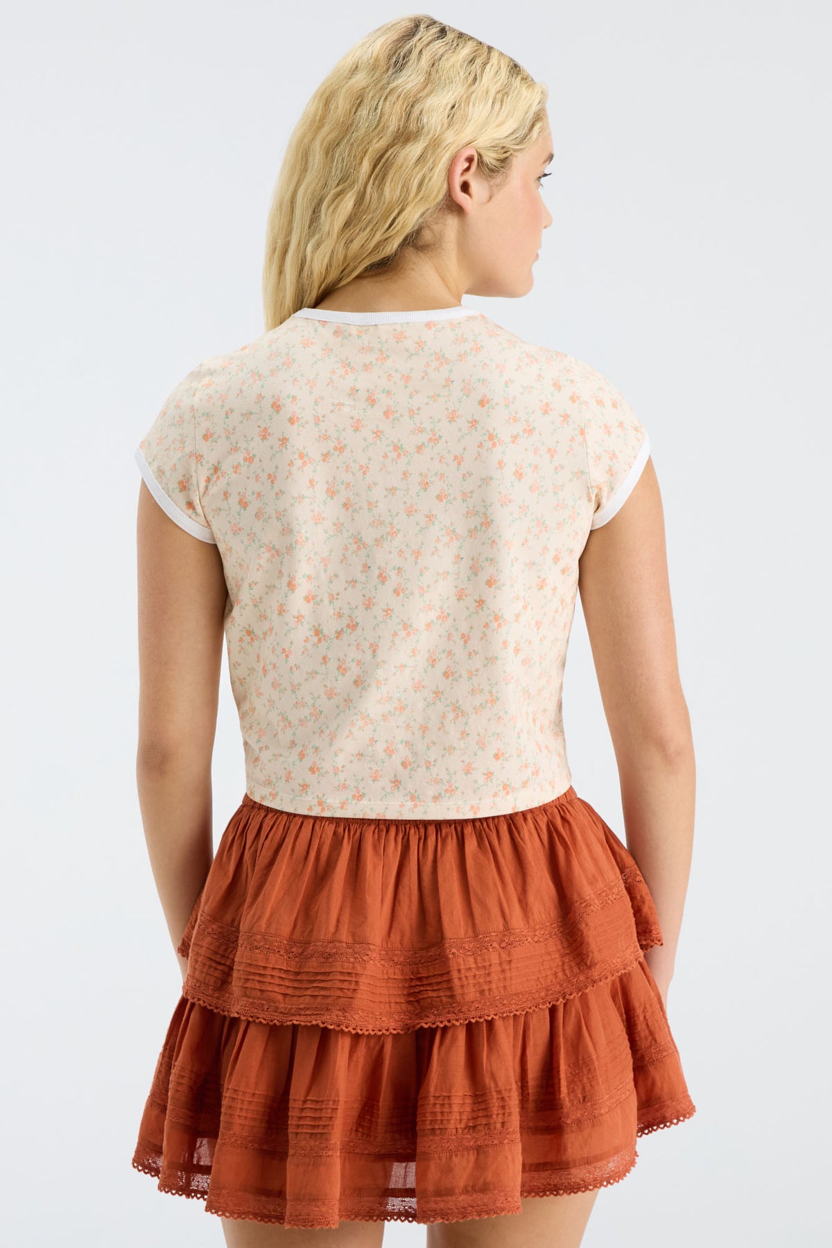 Floral ringer T-shirt with contrast crew neck rib, back view