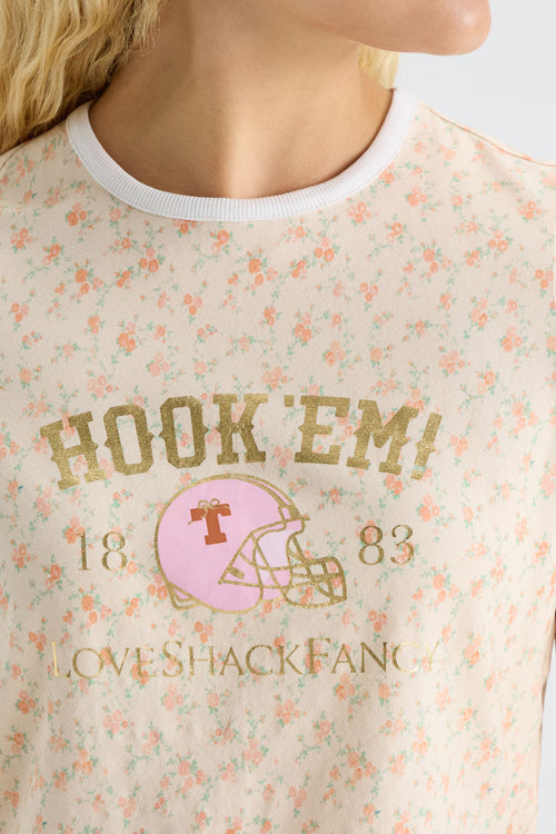 Floral ringer T-shirt close-up with HOOK 'EM and LoveShackFancy print