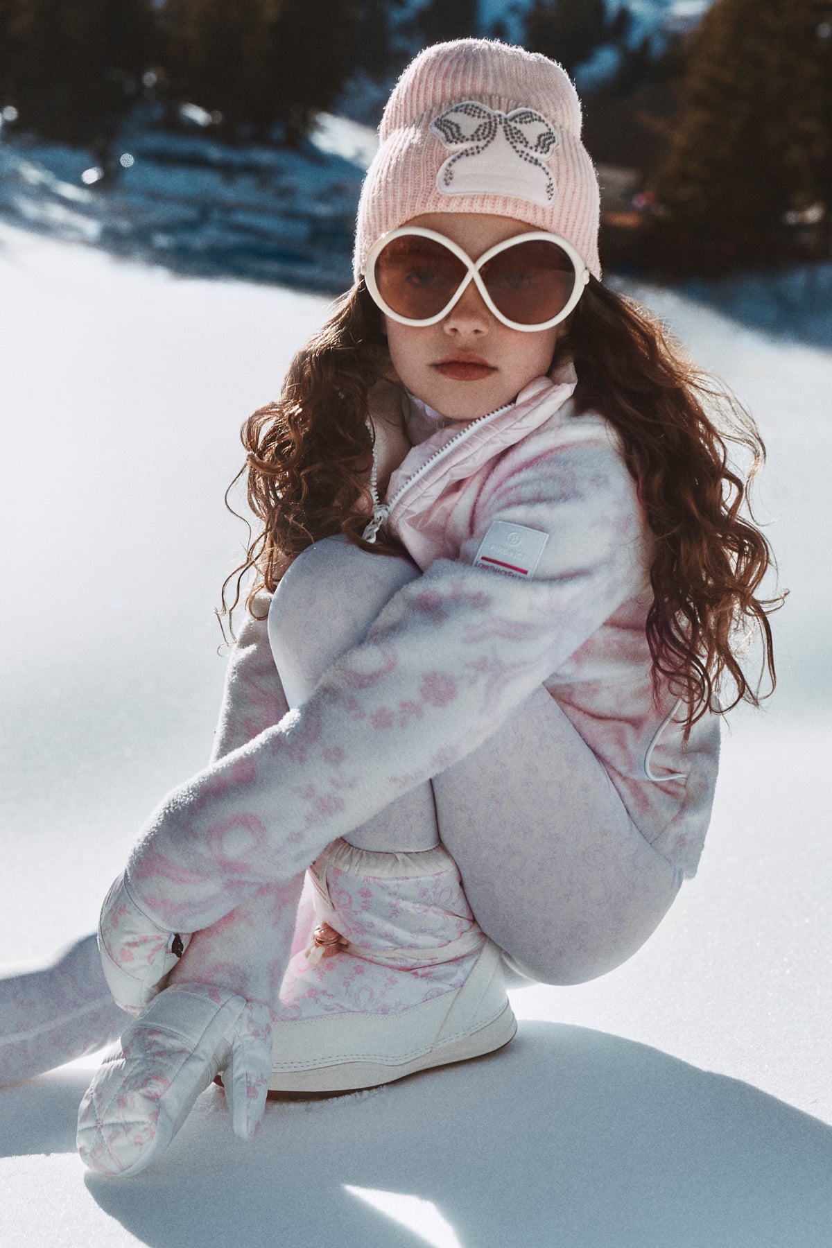 Girls chantilly pink jersey pants with allover print, elastic waist and snug ankle cuffs