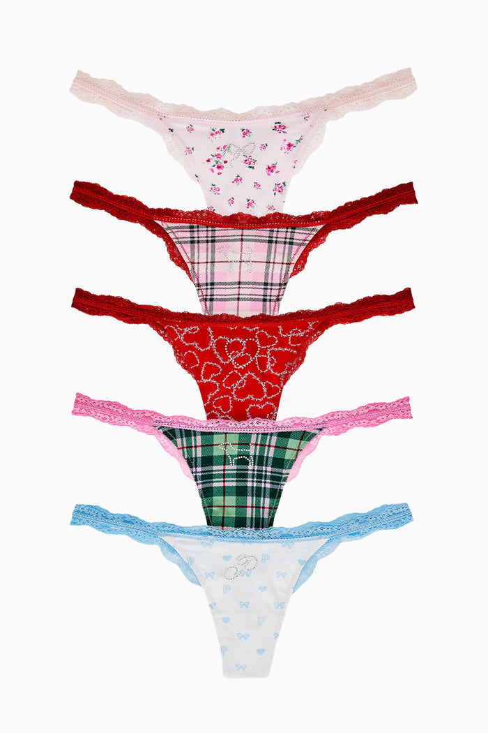 Pack of five cotton thong panties with lace edges: white floral, green plaid, red hearts