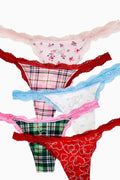 Pack of five cotton thong panties with lace trim, assorted prints including floral and plaid