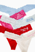Pack of 5 lace thong panties, assorted blue pink red and white