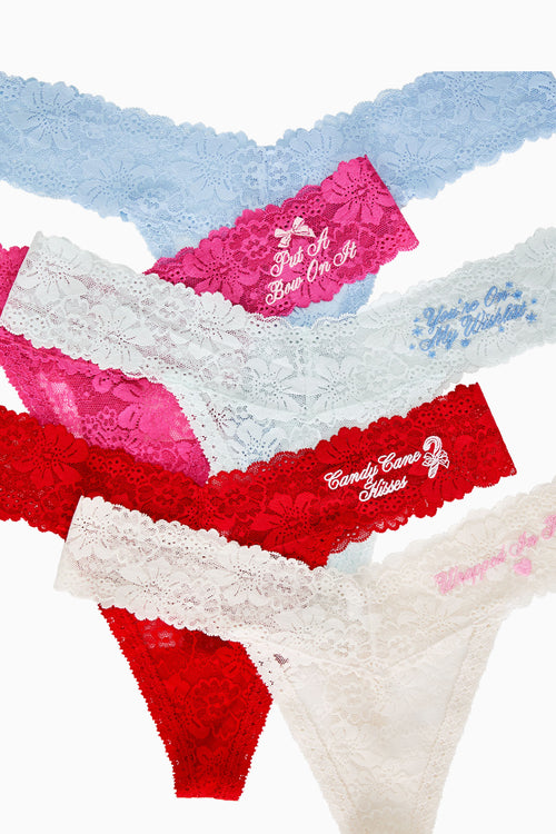 Pack of 5 lace thong panties, assorted blue pink red and white