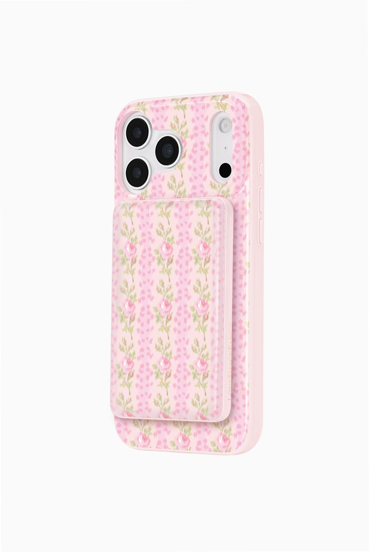 Pink floral wireless portable charger with clear camera-like cutout and side details