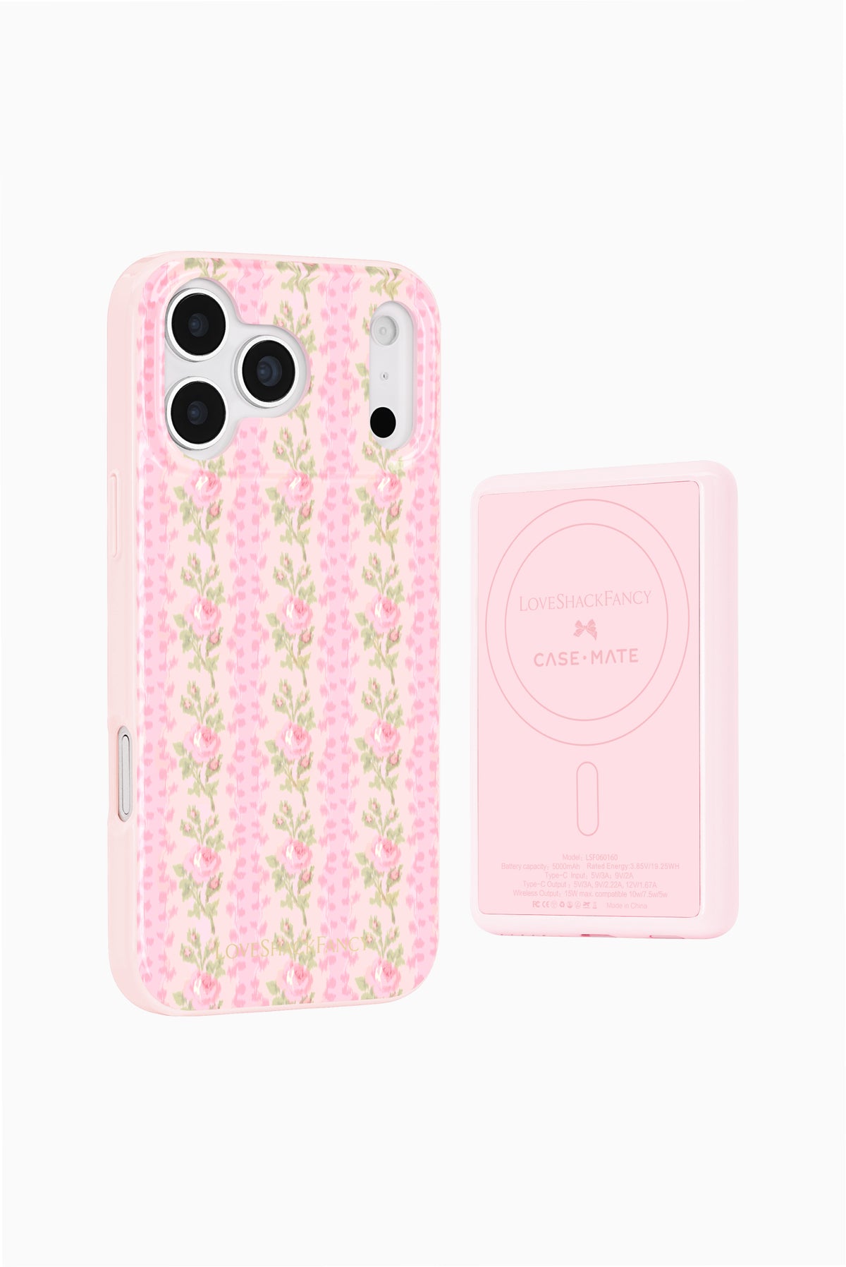 Pink floral wireless portable charger with MagSafe-style back plate and side button