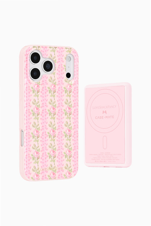 Pink floral wireless portable charger with MagSafe-style back plate and side button