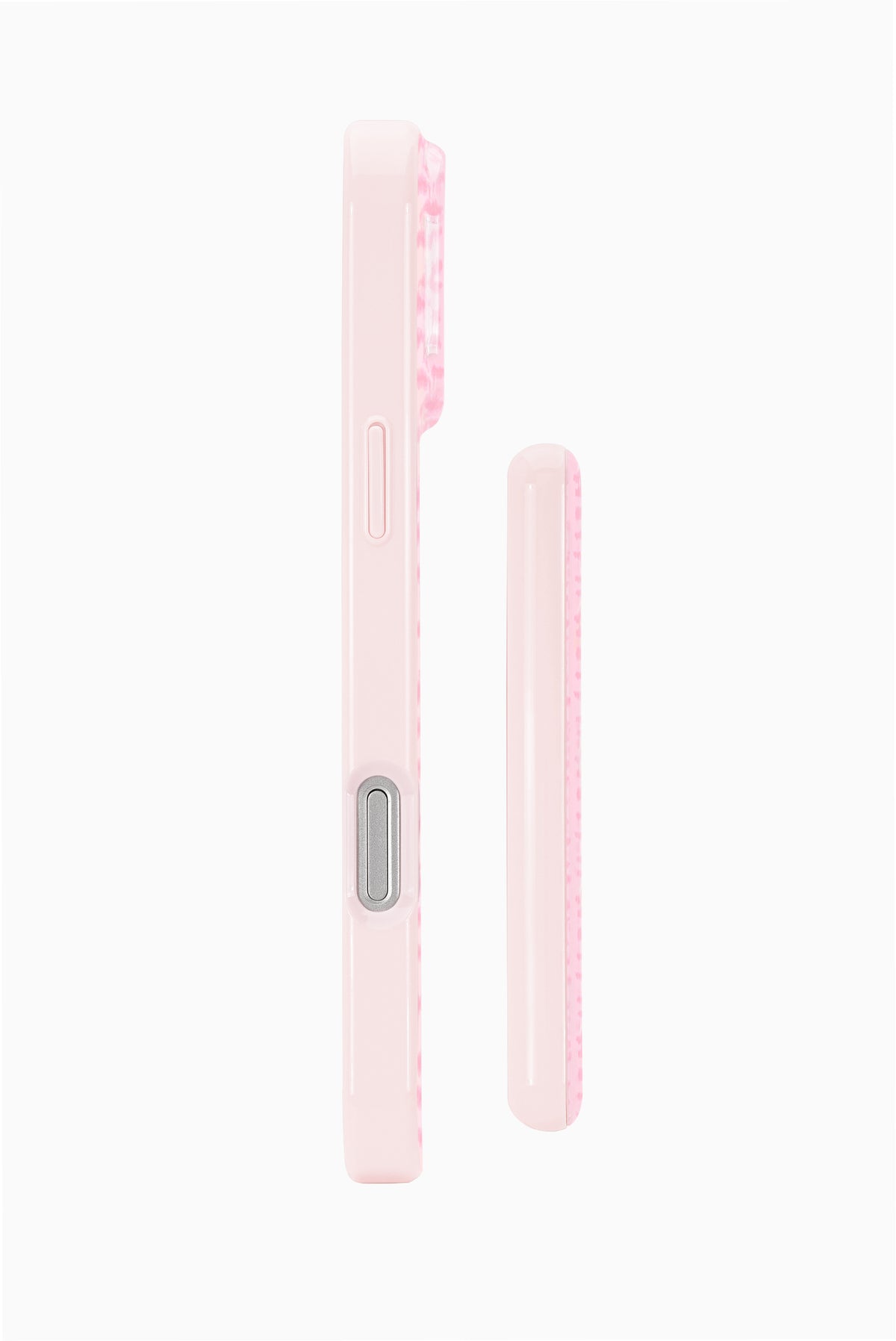 Pink wireless portable charger side view with button and charging port cutout