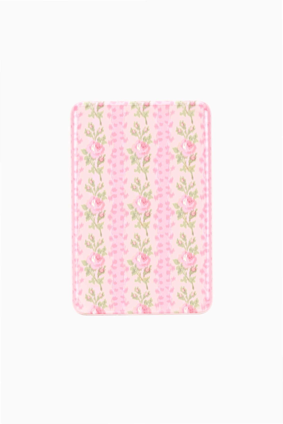 Pink floral wireless portable charger with repeating rose-pattern print