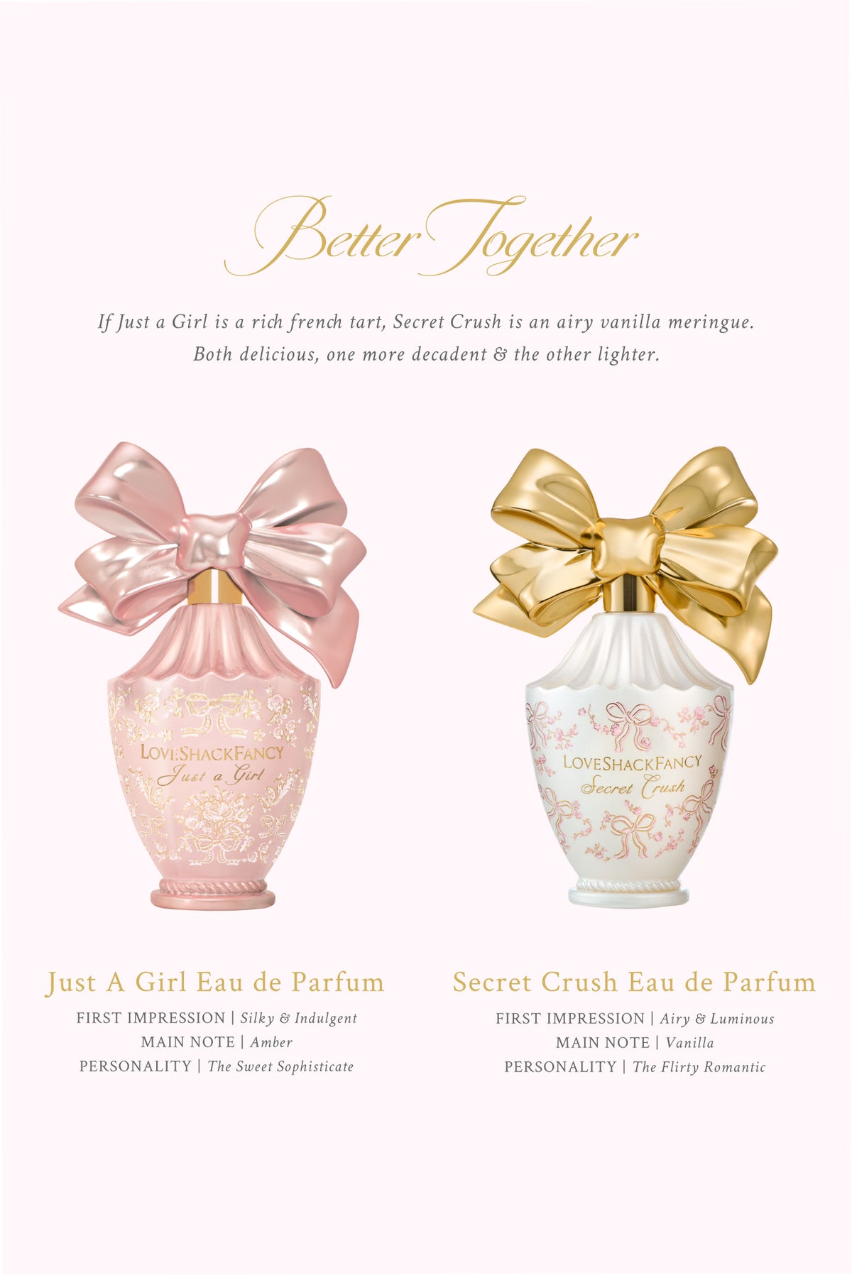 Two eau de parfum bottles: pink Just a Girl with satin bow, and white Secret Crush with gold bow