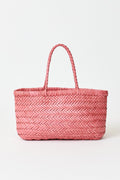 Mini flat woven tote bag with pink braided handles and open top