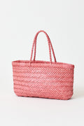 Mini flat woven tote bag in pink with two braided top handles