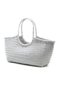 Large woven tote bag with oval loop handles, off-white zigzag weave